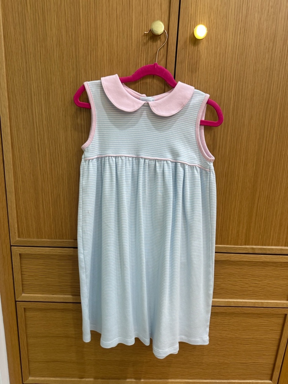 Stitchy Fish Light Blue Striped Dress with Pink Peter Pan Collar, Size 7